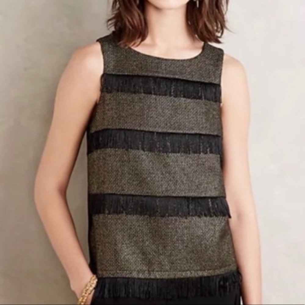 Sunday In Brooklyn Metallic Gold Thread Weave Layered Fringe Exposed Zipper Top